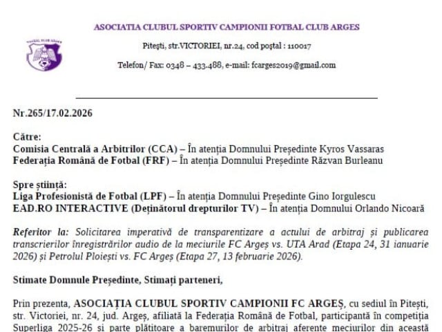 FC Argeș cere CCA transcrierile audio după meciul cu Petrolul. Se pregătește un proces pentru daune